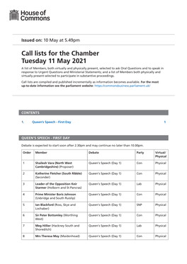 Call List for Tue 11 May 2021