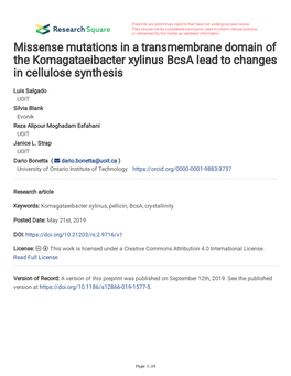 Missense Mutations in a Transmembrane Domain of the Komagataeibacter Xylinus Bcsa Lead to Changes in Cellulose Synthesis