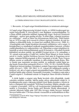 TÖKÖL (Pest Megye) Népességének Története 1. Bevezetés. a Csepel-Sziget Birtoklástörténete És Természeti Adottsága