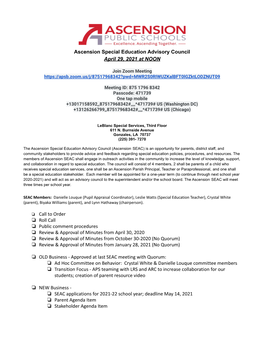 Ascension Special Education Advisory Council April 29, 2021 at NOON