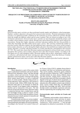 Frequency of Preschool Teacher Education Students' Participation in Extracurricular Music Activities in Croatia and Slovenia J