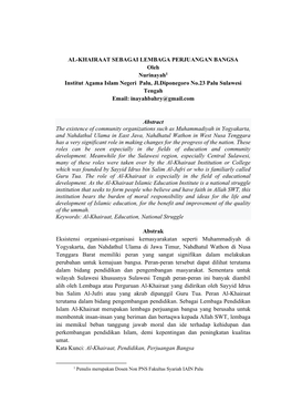 AL-KHAIRAAT SEBAGAI LEMBAGA PERJUANGAN BANGSA Oleh Nurinayah1 Institut Agama Islam Negeri Palu, Jl.Diponegoro No.23 Palu Sulawesi Tengah Email: Inayahbahry@Gmail.Com