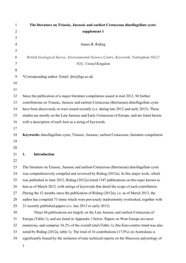 1 the Literature on Triassic, Jurassic and Earliest Cretaceous Dinoflagellate Cysts: 2 Supplement 1 3 4 James B