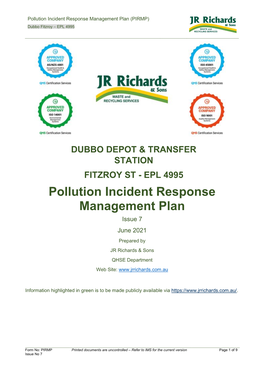 Pollution Incident Response Management Plan (PIRMP) Dubbo Fitzroy – EPL 4995