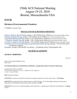 256Th ACS National Meeting August 19-23, 2018 Boston, Massachusetts USA ENVR Division of Environmental Chemistry