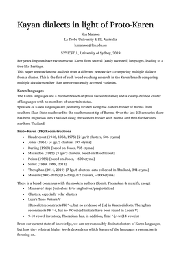 Kayan Dialects in Light of Proto-Karen Ken Manson La Trobe University & SIL Australia K.Manson@Ltu.Edu.Au