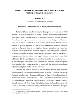 Stages in the Configuration of the Transdisciplinary Project of Basarab Nicolescu*