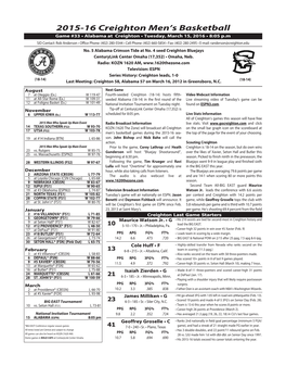 2015-16 Creighton Men's Basketball Creighton Season Schedule/Results & Leaders (As of Mar 11, 2016) All Games