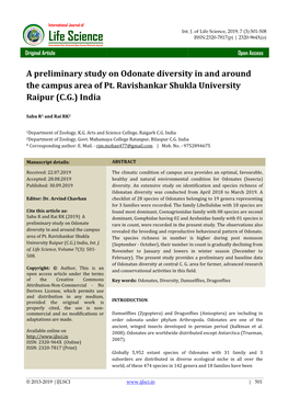 A Preliminary Study on Odonate Diversity in and Around the Campus Area of Pt. Ravishankar Shukla University Raipur (C.G.) India
