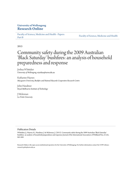 'Black Saturday' Bushfires: an Analysis of Household Preparedness and Response Joshua Whittaker University of Wollongong, Wjoshua@Uow.Edu.Au