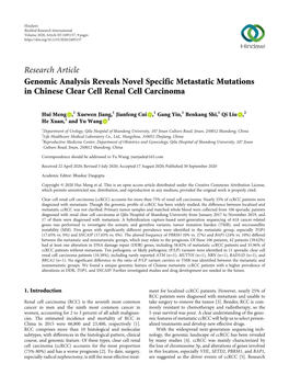 Research Article Genomic Analysis Reveals Novel Specific Metastatic Mutations in Chinese Clear Cell Renal Cell Carcinoma