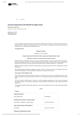 Exclusive Agreement with Ubisoft for Hyper Scape - 07:00:05 15 Sep 2020 - BIDS News Article | London Stock Exchange