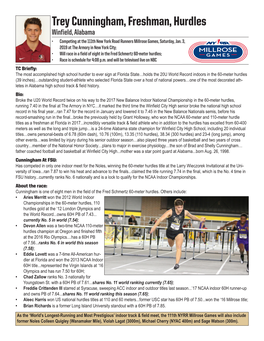 Trey Cunningham, Freshman, Hurdles Winfield, Alabama • Competing at the 111Th New York Road Runners Millrose Games, Saturday, Jan