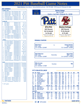 2021 Pitt Baseball Game Notes Media Relations: Korey Blucas • Kblucas@Athletics.Pitt.Edu • (724) 799-4480 • 3719 Terrace St
