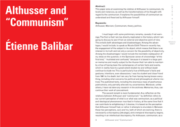 Althusser and “Communism” Étienne Balibar