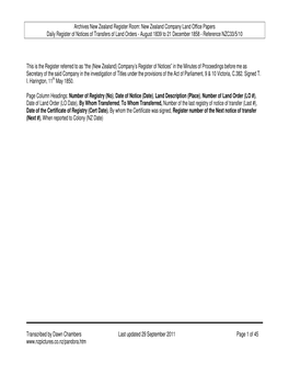 New Zealand Company Land Office Papers Daily Register of Notices of Transfers of Land Orders - August 1839 to 21 December 1858 - Reference NZC33/5/10