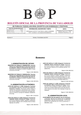 Boletín Oficial De La Provincia De Valladolid Se Publica Todos Los Días, Excepto Los Domingos Y Festivos