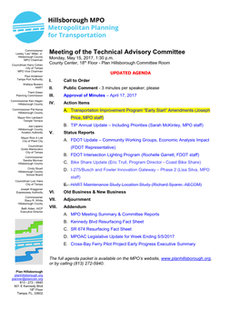 Meeting of the Technical Advisory Committee Hillsborough County MPO Chairman Monday, May 15, 2017, 1:30 P.M