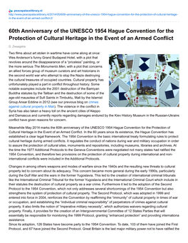 60Th Anniversary of the UNESCO 1954 Hague Convention for the Protection of Cultural Heritage in the Event of an Armed Conflict