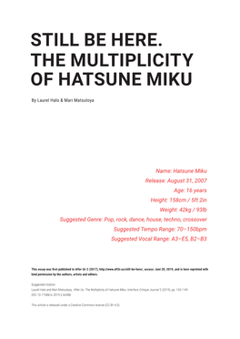 Still Be Here. the Multiplicity of Hatsune Miku