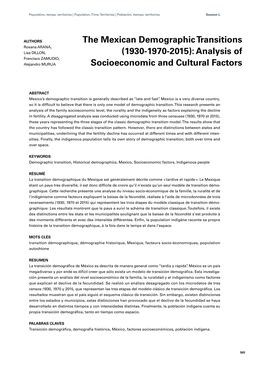 The Mexican Demographic Transitions Roxana ARANA, Lisa DILLON, (1930-1970-2015): Analysis of Francisco ZAMUDIO, Alejandro MURUA Socioeconomic and Cultural Factors