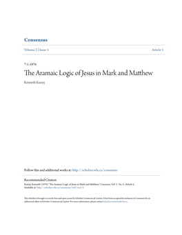 The Aramaic Logic of Jesus in Mark and Matthew Kenneth Kuziej