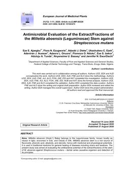 Antimicrobial Evaluation of the Extract/Fractions of the Millettia Aboensis (Leguminosae) Stem Against Streptococcus Mutans