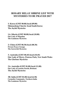 Rosary Relay Shrine List with Mysteries to Be Prayed 2017