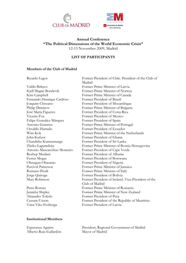 The Political Dimensions of the World Economic Crisis” 12-13 November 2009, Madrid