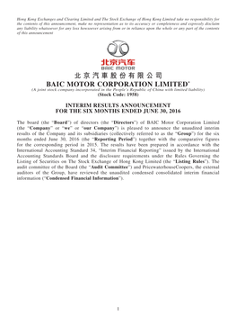 北京汽車股份有限公司 BAIC MOTOR CORPORATION LIMITED* (A Joint Stock Company Incorporated in the People’S Republic of China with Limited Liability) (Stock Code: 1958)