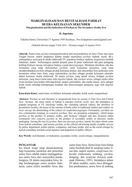 MARGINALISASI DAN REVITALISASI PARIKAN DI ERA KELISANAN SEKUNDER Marginalization and Revitalization of Parikan in the Secondary Orality Era