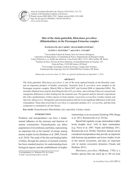 Diet of the Chola Guitarfish, Rhinobatos Percellens (Rhinobatidae), in the Paranaguá Estuarine Complex