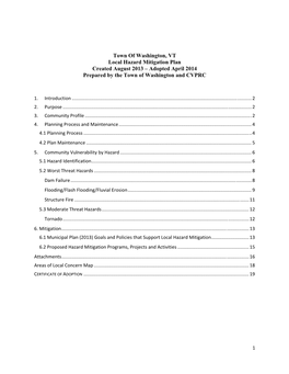 Town of Washington, VT Local Hazard Mitigation Plan Created August 2013 – Adopted April 2014 Prepared by the Town of Washington and CVPRC