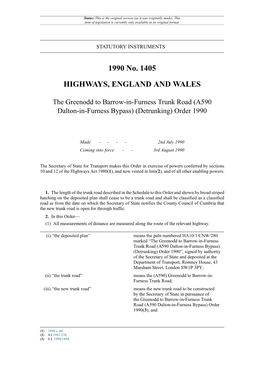 The Greenodd to Barrow-In-Furness Trunk Road (A590 Dalton-In-Furness Bypass) (Detrunking) Order 1990