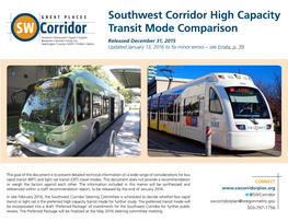 Southwest Corridor High Capacity Transit Mode Comparison Released December 31, 2015 Updated January 13, 2016 to Fix Minor Errors – See Errata, P