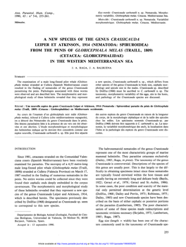 A New Species of the Genus Crassicauda Leiper Et Atkinson, 1914 (Nematoda: Spiruroidea) from the Penis of Globicephala Melas