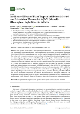 Inhibitory Effects of Plant Trypsin Inhibitors Msti-94 and Msti-16 on Therioaphis Trifolii