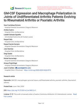 GM-CSF Expression and Macrophage Polarization in Joints of Undifferentiated Arthritis Patients Evolving to Rheumatoid Arthritis Or Psoriatic Arthritis