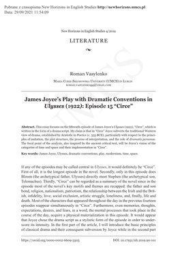 James Joyce's Play with Dramatic Conventions in Ulysses (1922