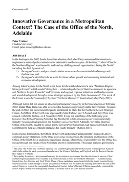 Innovative Governance in a Metropolitan Context? the Case of the Office of the North, Adelaide