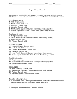 Map of Ocean Currents Using Colored Pencils, Label and Diagram by Means of Arrows, Label the Currents Listed Below. Make A
