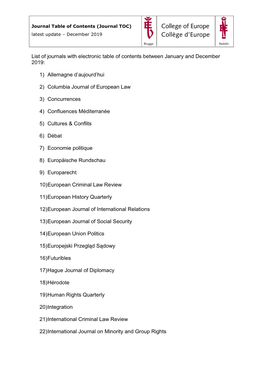 List of Journals with Electronic Table of Contents Between January and December 2019