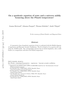 On a Quadratic Equation of State and a Universe Mildly Bouncing Above the Planck Temperature1