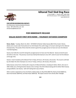 Iditarod Trail Sled Dog Race P.O Box 870800 • Wasilla, Alaska 99687-0800 907.376.5155 (Voice) • 907.373.6998 (Facsimile)