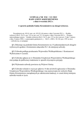 UCHWAŁA NR XXI / 112 /2012 RADY GMINY KRZEMIENIEWO Z Dnia 6 Września 2012 R