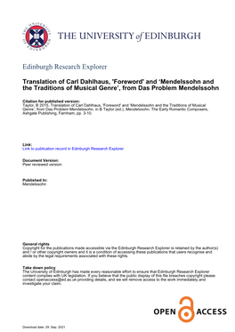 Translation of Carl Dahlhaus, 'Foreword' and ‘Mendelssohn and the Traditions of Musical Genre’, from Das Problem Mendelssohn