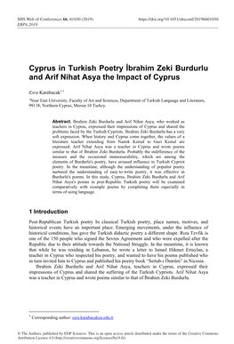 Cyprus in Turkish Poetry İbrahim Zeki Burdurlu and Arif Nihat Asya the Impact of Cyprus