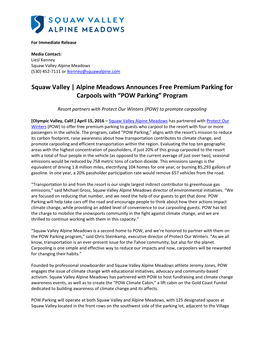 Squaw Valley | Alpine Meadows Announces Free Premium Parking for Carpools with “POW Parking” Program