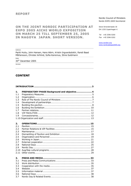 Report on the Joint Nordic Participation at Expo 2005 Aichi World Exposition on March 25 Till September 25, 2005 in Nagoya Ja