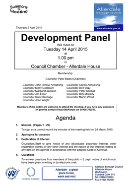 Development Panel Will Meet on Tuesday 14 April 2015 at 1.00 Pm in Council Chamber - Allerdale House